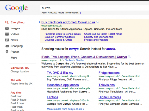 currys google search google adwords used to capitalise on brandname mis-spelling.